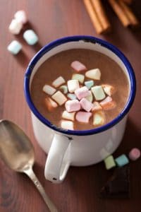A cup of cocoa with multi-color marshmallows