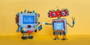 Chatbot robot welcomes another robot
