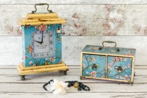Handmade decoupaged clock and jewelry box