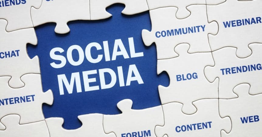 Social media and related topics pieced together in a jigsaw puzzle